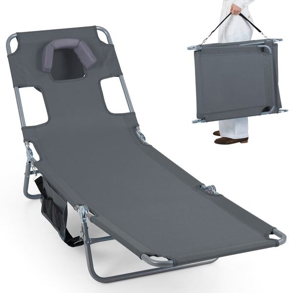 5 backrest positions (0Â°  12Â°  30Â°  50Â°  70Â°) for tanning  napping  or reading<br>Face-down tanning with face hole and 2 arm holes for hands-free relaxing<br>Folds compact with shoulder strap for easy carrying to beach or pool<br>Sturdy metal frame w