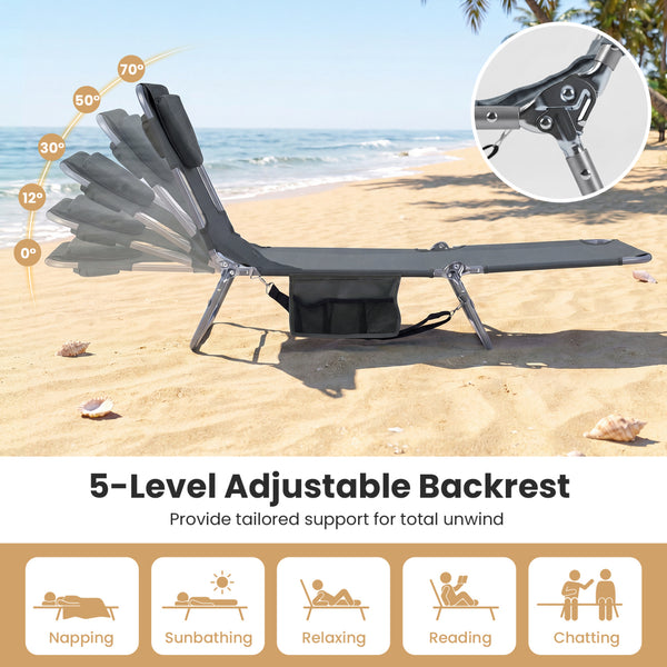 5 backrest positions (0Â°  12Â°  30Â°  50Â°  70Â°) for tanning  napping  or reading<br>Face-down tanning with face hole and 2 arm holes for hands-free relaxing<br>Folds compact with shoulder strap for easy carrying to beach or pool<br>Sturdy metal frame w