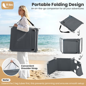 5 backrest positions (0Â°  12Â°  30Â°  50Â°  70Â°) for tanning  napping  or reading<br>Face-down tanning with face hole and 2 arm holes for hands-free relaxing<br>Folds compact with shoulder strap for easy carrying to beach or pool<br>Sturdy metal frame w