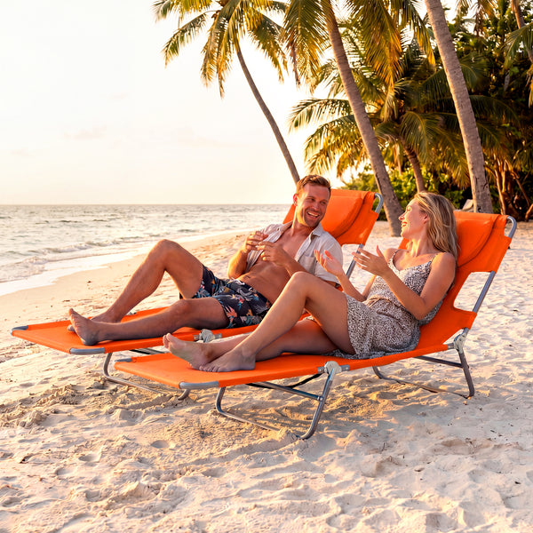 5 backrest positions (0Â°  12Â°  30Â°  50Â°  70Â°) for tanning  napping  or reading<br>Face-down tanning with face hole and 2 arm holes for hands-free relaxing<br>Folds compact with shoulder strap for easy carrying to beach or pool<br>Sturdy metal frame w