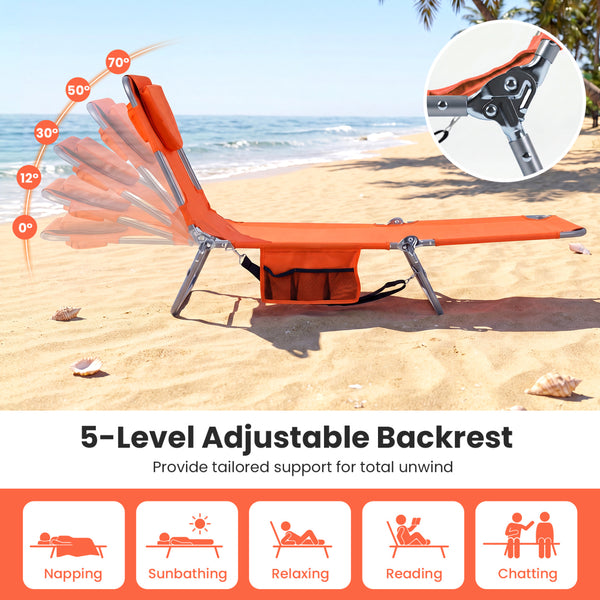 5 backrest positions (0Â°  12Â°  30Â°  50Â°  70Â°) for tanning  napping  or reading<br>Face-down tanning with face hole and 2 arm holes for hands-free relaxing<br>Folds compact with shoulder strap for easy carrying to beach or pool<br>Sturdy metal frame w