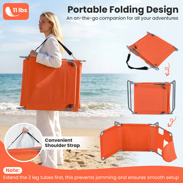 5 backrest positions (0Â°  12Â°  30Â°  50Â°  70Â°) for tanning  napping  or reading<br>Face-down tanning with face hole and 2 arm holes for hands-free relaxing<br>Folds compact with shoulder strap for easy carrying to beach or pool<br>Sturdy metal frame w