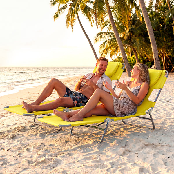 5 backrest positions (0Â°  12Â°  30Â°  50Â°  70Â°) for tanning  napping  or reading<br>Face-down tanning with face hole and 2 arm holes for hands-free relaxing<br>Folds compact with shoulder strap for easy carrying to beach or pool<br>Sturdy metal frame w