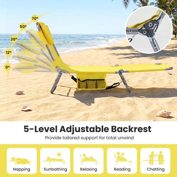 5 backrest positions (0Â°  12Â°  30Â°  50Â°  70Â°) for tanning  napping  or reading<br>Face-down tanning with face hole and 2 arm holes for hands-free relaxing<br>Folds compact with shoulder strap for easy carrying to beach or pool<br>Sturdy metal frame w