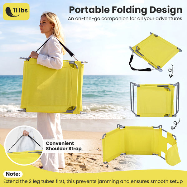 5 backrest positions (0Â°  12Â°  30Â°  50Â°  70Â°) for tanning  napping  or reading<br>Face-down tanning with face hole and 2 arm holes for hands-free relaxing<br>Folds compact with shoulder strap for easy carrying to beach or pool<br>Sturdy metal frame w