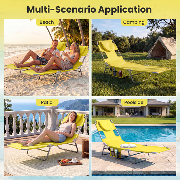 5 backrest positions (0Â°  12Â°  30Â°  50Â°  70Â°) for tanning  napping  or reading<br>Face-down tanning with face hole and 2 arm holes for hands-free relaxing<br>Folds compact with shoulder strap for easy carrying to beach or pool<br>Sturdy metal frame w