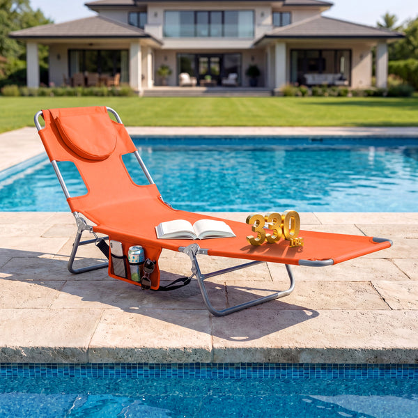 5 backrest positions (0Â°  12Â°  30Â°  50Â°  70Â°) for tanning  napping  or reading<br>Face-down tanning with face hole and 2 arm holes for hands-free relaxing<br>Folds compact with shoulder strap for easy carrying to beach or pool<br>Sturdy metal frame w