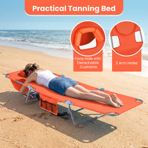 5 backrest positions (0Â°  12Â°  30Â°  50Â°  70Â°) for tanning  napping  or reading<br>Face-down tanning with face hole and 2 arm holes for hands-free relaxing<br>Folds compact with shoulder strap for easy carrying to beach or pool<br>Sturdy metal frame w