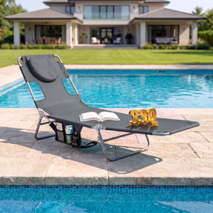 5 backrest positions (0Â°  12Â°  30Â°  50Â°  70Â°) for tanning  napping  or reading<br>Face-down tanning with face hole and 2 arm holes for hands-free relaxing<br>Folds compact with shoulder strap for easy carrying to beach or pool<br>Sturdy metal frame w