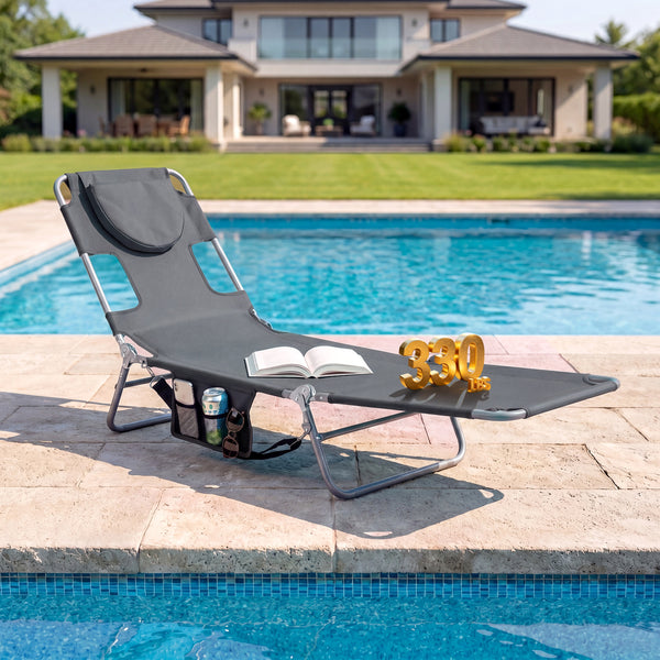 5 backrest positions (0Â°  12Â°  30Â°  50Â°  70Â°) for tanning  napping  or reading<br>Face-down tanning with face hole and 2 arm holes for hands-free relaxing<br>Folds compact with shoulder strap for easy carrying to beach or pool<br>Sturdy metal frame w