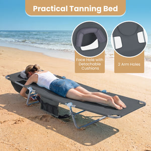 5 backrest positions (0Â°  12Â°  30Â°  50Â°  70Â°) for tanning  napping  or reading<br>Face-down tanning with face hole and 2 arm holes for hands-free relaxing<br>Folds compact with shoulder strap for easy carrying to beach or pool<br>Sturdy metal frame w