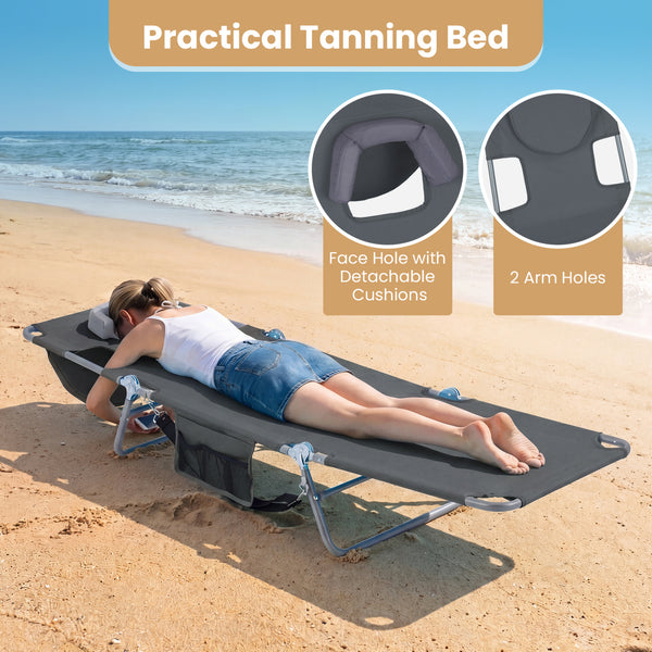 5 backrest positions (0Â°  12Â°  30Â°  50Â°  70Â°) for tanning  napping  or reading<br>Face-down tanning with face hole and 2 arm holes for hands-free relaxing<br>Folds compact with shoulder strap for easy carrying to beach or pool<br>Sturdy metal frame w