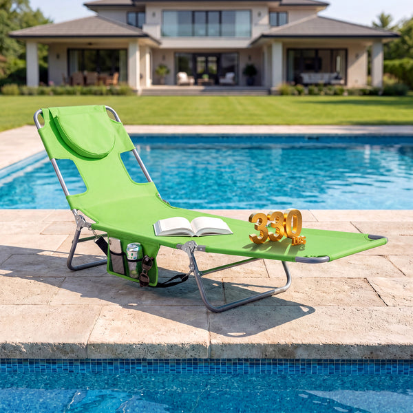 5 backrest positions (0Â°  12Â°  30Â°  50Â°  70Â°) for tanning  napping  or reading<br>Face-down tanning with face hole and 2 arm holes for hands-free relaxing<br>Folds compact with shoulder strap for easy carrying to beach or pool<br>Sturdy metal frame w