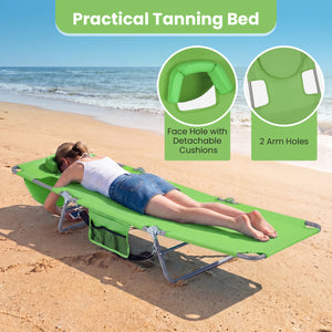 5 backrest positions (0Â°  12Â°  30Â°  50Â°  70Â°) for tanning  napping  or reading<br>Face-down tanning with face hole and 2 arm holes for hands-free relaxing<br>Folds compact with shoulder strap for easy carrying to beach or pool<br>Sturdy metal frame w