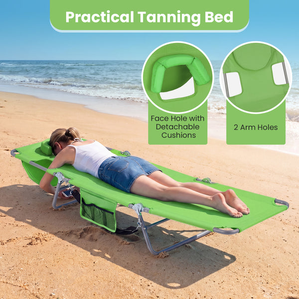 5 backrest positions (0Â°  12Â°  30Â°  50Â°  70Â°) for tanning  napping  or reading<br>Face-down tanning with face hole and 2 arm holes for hands-free relaxing<br>Folds compact with shoulder strap for easy carrying to beach or pool<br>Sturdy metal frame w
