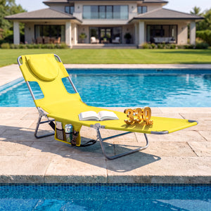 5 backrest positions (0Â°  12Â°  30Â°  50Â°  70Â°) for tanning  napping  or reading<br>Face-down tanning with face hole and 2 arm holes for hands-free relaxing<br>Folds compact with shoulder strap for easy carrying to beach or pool<br>Sturdy metal frame w