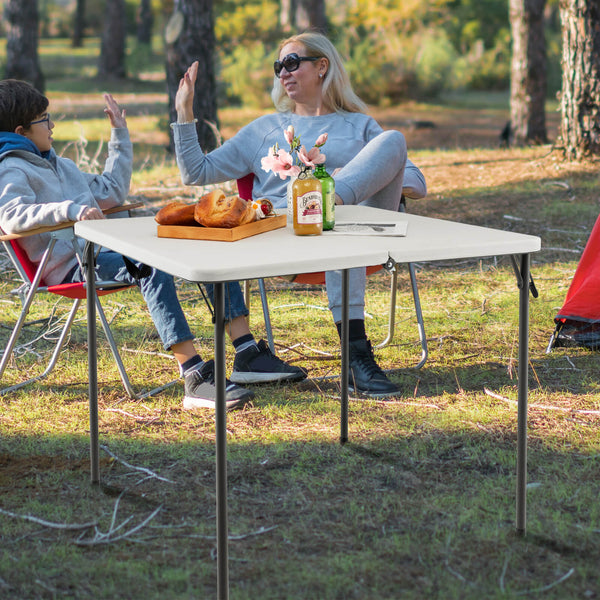 Sturdy steel frame for 330 lbs strong loading capacity<br>Add extra stability due to the reinforced triangular structure <br>Anti-scratch foot pads for floor protection<br>Perfect for outdoor use with rustproof steel surface and all-weather HDPE tabletop<