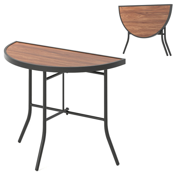 Half-round tabletop combines functionality with style<br>Made of wear-resistant and waterproof SPC material for long-term use<br>Heavy-duty metal frame is not easy to crack or deform<br>Non-slip foot pads prevent the floor from scratches<br>Ideal for orga