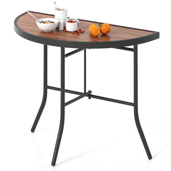 Half-round tabletop combines functionality with style<br>Made of wear-resistant and waterproof SPC material for long-term use<br>Heavy-duty metal frame is not easy to crack or deform<br>Non-slip foot pads prevent the floor from scratches<br>Ideal for orga