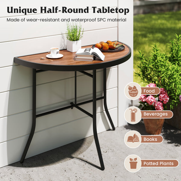 Half-round tabletop combines functionality with style<br>Made of wear-resistant and waterproof SPC material for long-term use<br>Heavy-duty metal frame is not easy to crack or deform<br>Non-slip foot pads prevent the floor from scratches<br>Ideal for orga