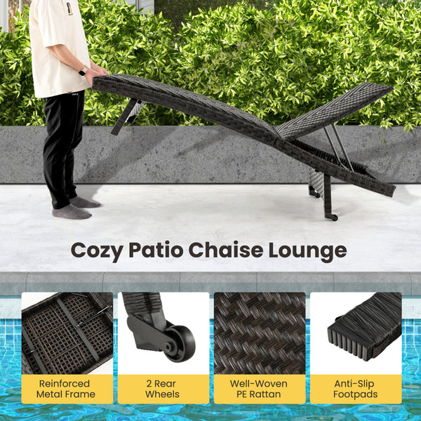 Padded seat with quick dry foam inside for more comfort<br>5 backrest positions meet more of your demands<br>Well-woven PE rattan for more elegance and durability<br>Reinforced metal frame offers strong support<br>Anti-slip footpads improve the overall st