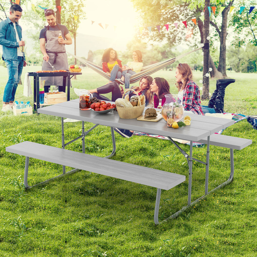 The HDPE tabletop ensures exceptional strength and good weather resistance<br>Features a waterproof surface for easy cleaning  easy to maintain with a damp cloth<br>The 183 cm/6 ft spacious HDPE tabletop provides enough area for food  drinks  and other es