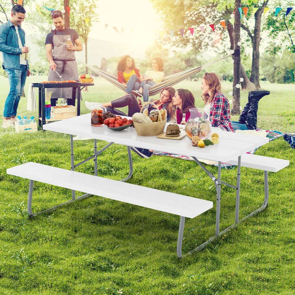 The HDPE tabletop ensures exceptional strength and good weather resistance<br>Features a waterproof surface for easy cleaning  easy to maintain with a damp cloth<br>The 183 cm/6 ft spacious HDPE tabletop provides enough area for food  drinks  and other es