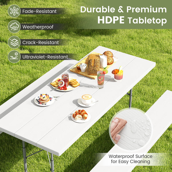 The HDPE tabletop ensures exceptional strength and good weather resistance<br>Features a waterproof surface for easy cleaning  easy to maintain with a damp cloth<br>The 183 cm/6 ft spacious HDPE tabletop provides enough area for food  drinks  and other es