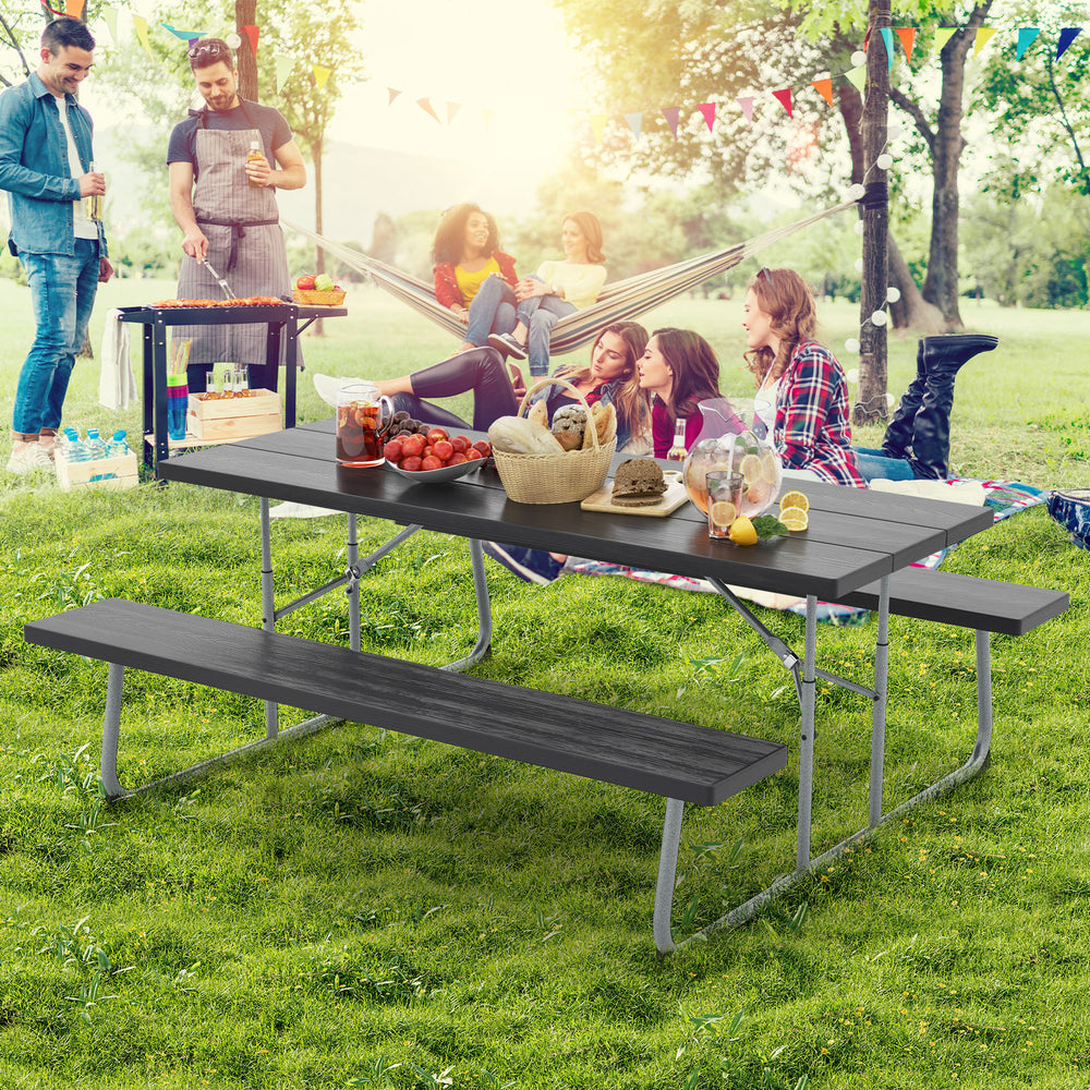 The HDPE tabletop ensures exceptional strength and good weather resistance<br>Features a waterproof surface for easy cleaning  easy to maintain with a damp cloth<br>The 183 cm/6 ft spacious HDPE tabletop provides enough area for food  drinks  and other es