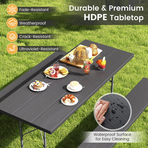 The HDPE tabletop ensures exceptional strength and good weather resistance<br>Features a waterproof surface for easy cleaning  easy to maintain with a damp cloth<br>The 183 cm/6 ft spacious HDPE tabletop provides enough area for food  drinks  and other es