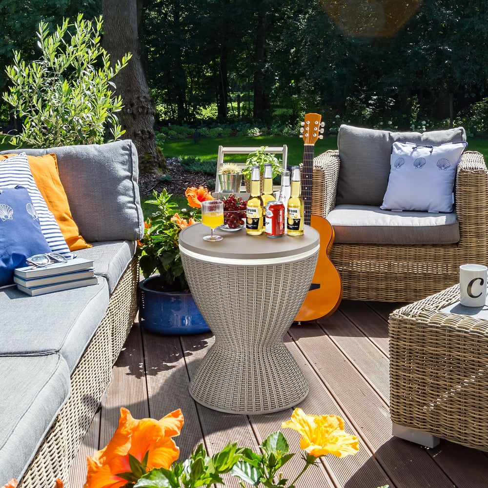The retractable tabletop is fixed tightly by the knob <br>Flexible adjustment of 22.5'' and 32.5'' <br>Multiple uses as a patio side table and an ice bucket <br>8 gal capacity to store various drinks and snacks <br>Drainage hole with a plug for easy clean