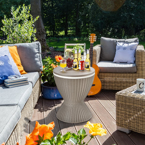 The retractable tabletop is fixed tightly by the knob <br>Flexible adjustment of 22.5'' and 32.5'' <br>Multiple uses as a patio side table and an ice bucket <br>8 gal capacity to store various drinks and snacks <br>Drainage hole with a plug for easy clean