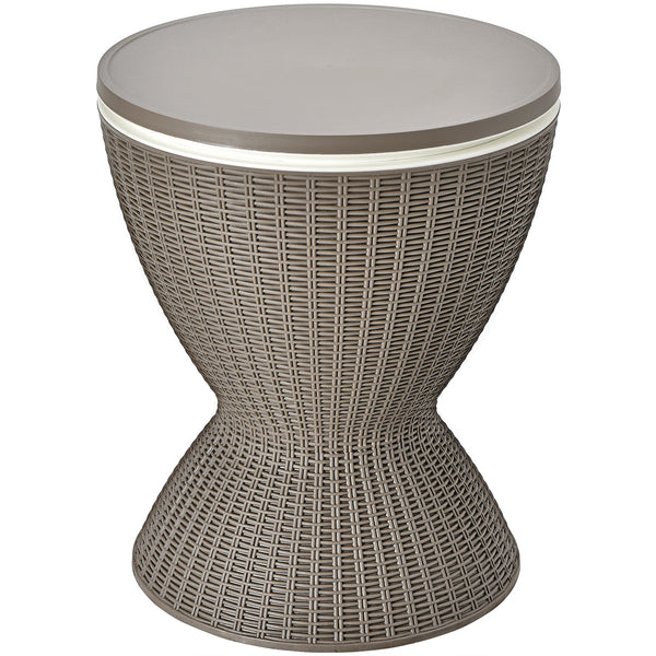 The retractable tabletop is fixed tightly by the knob <br>Flexible adjustment of 22.5'' and 32.5'' <br>Multiple uses as a patio side table and an ice bucket <br>8 gal capacity to store various drinks and snacks <br>Drainage hole with a plug for easy clean