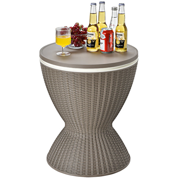 The retractable tabletop is fixed tightly by the knob <br>Flexible adjustment of 22.5'' and 32.5'' <br>Multiple uses as a patio side table and an ice bucket <br>8 gal capacity to store various drinks and snacks <br>Drainage hole with a plug for easy clean