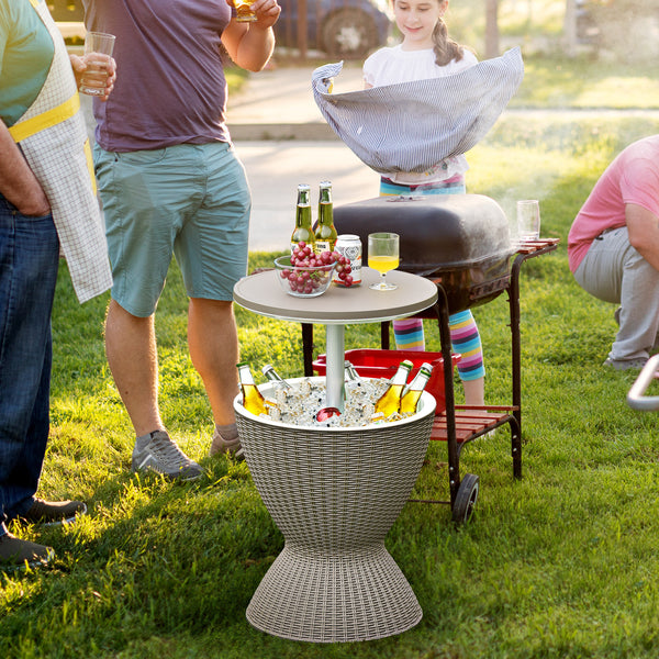The retractable tabletop is fixed tightly by the knob <br>Flexible adjustment of 22.5'' and 32.5'' <br>Multiple uses as a patio side table and an ice bucket <br>8 gal capacity to store various drinks and snacks <br>Drainage hole with a plug for easy clean