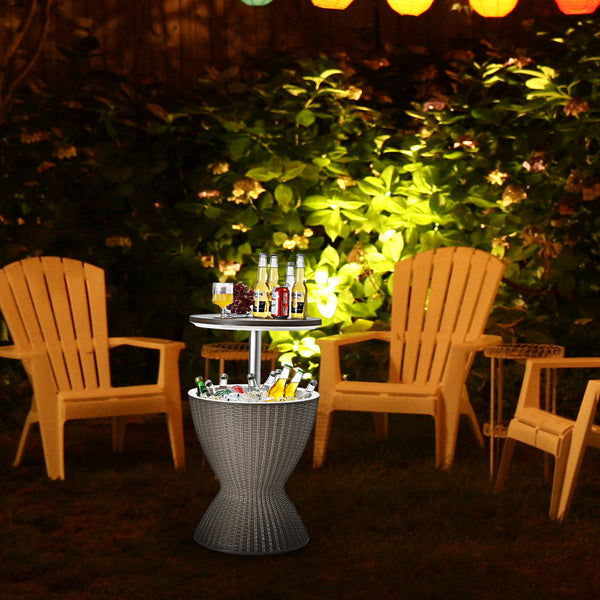 The retractable tabletop is fixed tightly by the knob <br>Flexible adjustment of 22.5'' and 32.5'' <br>Multiple uses as a patio side table and an ice bucket <br>8 gal capacity to store various drinks and snacks <br>Drainage hole with a plug for easy clean