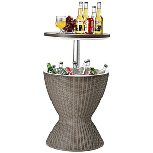 The retractable tabletop is fixed tightly by the knob <br>Flexible adjustment of 22.5'' and 32.5'' <br>Multiple uses as a patio side table and an ice bucket <br>8 gal capacity to store various drinks and snacks <br>Drainage hole with a plug for easy clean
