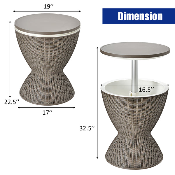 The retractable tabletop is fixed tightly by the knob <br>Flexible adjustment of 22.5'' and 32.5'' <br>Multiple uses as a patio side table and an ice bucket <br>8 gal capacity to store various drinks and snacks <br>Drainage hole with a plug for easy clean