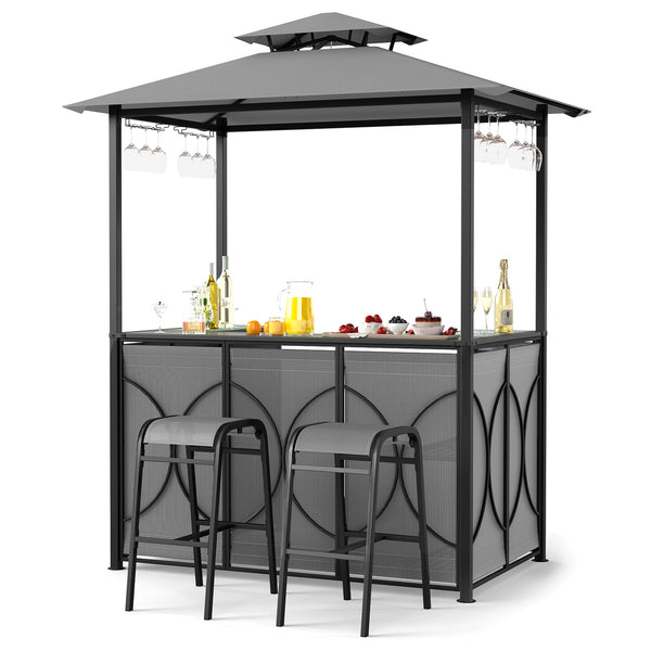 Innovative double roof design for superior ventilation<br>Sun-proof and water-proof canopy fabric for long time outdoor use<br>2 stools can be stored under the bar table for easy storage<br>Versatile for backyards  patios  and poolside settings<br>Wide te