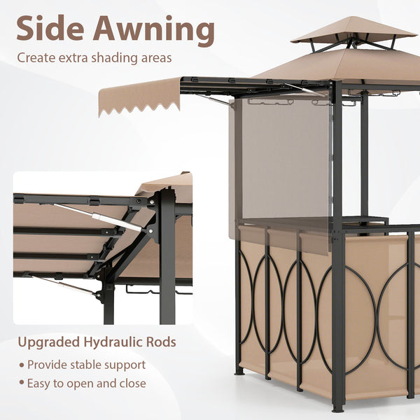Comes with a side awning  offer extra shade coverage and protection<br>The awning is controlled by hydraulic rods for ease of expansion and retraction<br>The double-tiered roof design promotes airflow and increases stability<br>The canopy is drizzle-resis