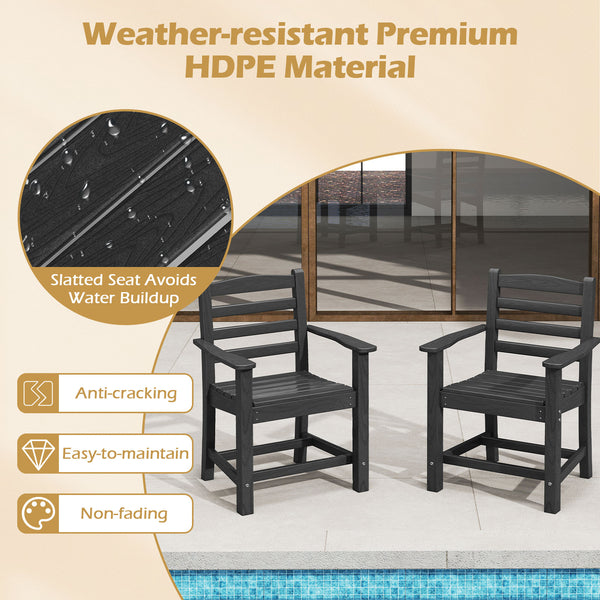 Constructed of premium HDPE material that is easy-to-maintain and anti-cracking<br>High backrest offers optimal relaxation for your back and waist<br>Contoured seat alleviates pressure points and promotes proper posture<br>3.3" wide armrests are perfect f