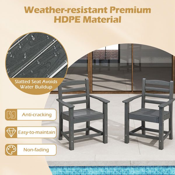 Constructed of premium HDPE material that is easy-to-maintain and anti-cracking<br>High backrest offers optimal relaxation for your back and waist<br>Contoured seat alleviates pressure points and promotes proper posture<br>3.3" wide armrests are perfect f