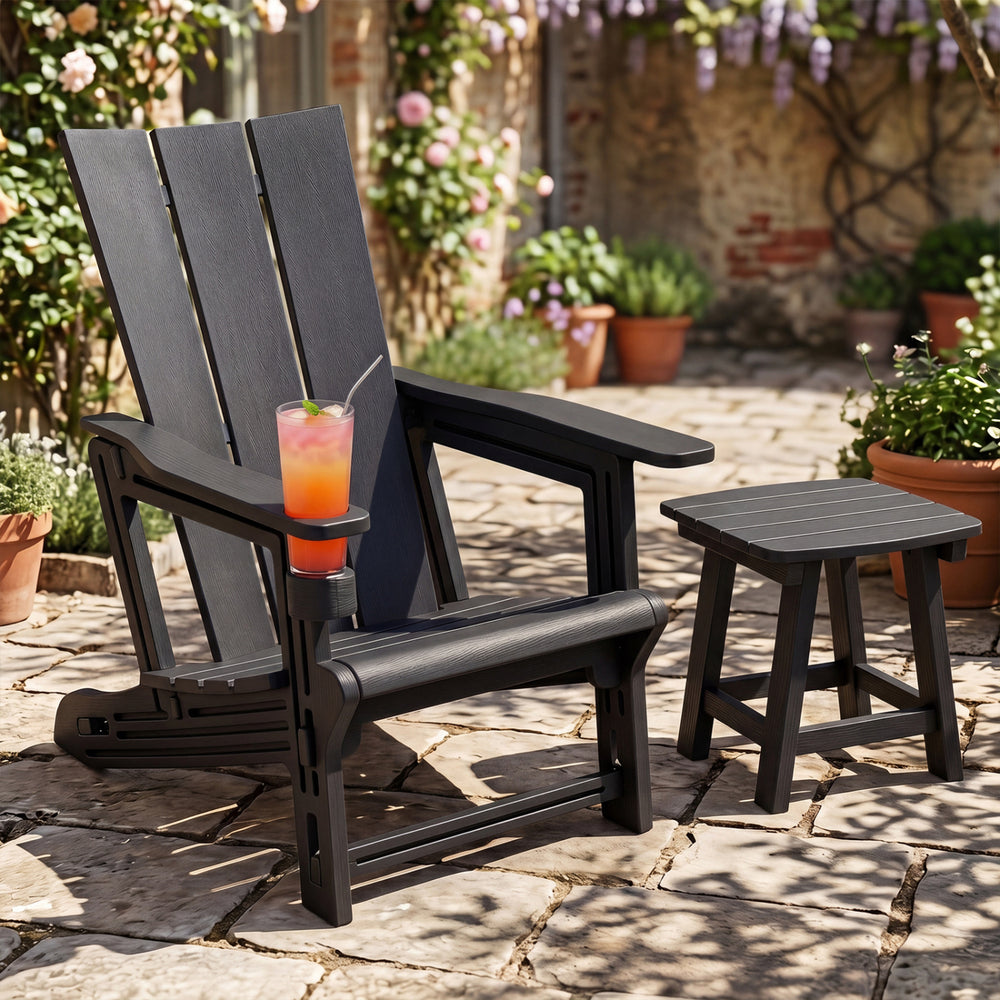 Curved backrest offers enhanced support for your back and shoulders<br>With wide armrests for added comfort and support<br>Built-in cup holder keeps your drink within easy reach<br>HDPE material is sun-protective  fade-resistant  waterproof  built to last