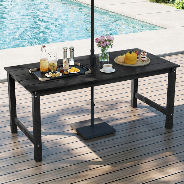 All-weather and anti-fading HDPE ensures longevity and beauty<br>Wood-like tabletop with an easy-to-clean surface for convenience<br>Compatible with various types of umbrellas thanks to a umbrella hole<br>Suitable for gathering with family and friends wit