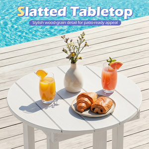 All-weather HIPS material is anti-crack  sun-protective  and waterproof Reinforced hardware and stable X-shaped base to ensure a reliable frame Slatted tabletop with stylish wood-grain detail for patio-ready appeal Features a smooth surface that is easy t