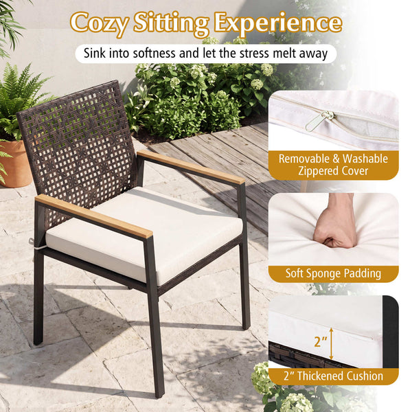 2"/6 cm thickened cushion with soft sponge padding for comfortable seating<br>Removable and washable zippered cover for easy cleaning and lasting freshness<br>Selected mix brown PE rattan with hand-woven  sun-protective design<br>Wear-resistant constructi