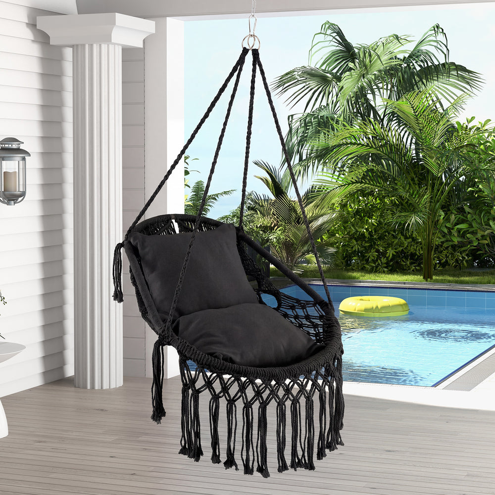 2 soft cushions offer comfortable sitting experience<br>High-grade polyester cotton woven seat withstands the test of time<br>Firmly supported by heavy-duty metal frame<br>Elegant appearance with graceful tassels<br>Suitable for both indoor and outdoor oc