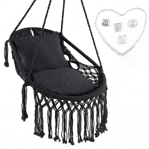 2 soft cushions offer comfortable sitting experience<br>High-grade polyester cotton woven seat withstands the test of time<br>Firmly supported by heavy-duty metal frame<br>Elegant appearance with graceful tassels<br>Suitable for both indoor and outdoor oc