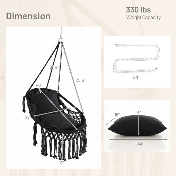 2 soft cushions offer comfortable sitting experience<br>High-grade polyester cotton woven seat withstands the test of time<br>Firmly supported by heavy-duty metal frame<br>Elegant appearance with graceful tassels<br>Suitable for both indoor and outdoor oc