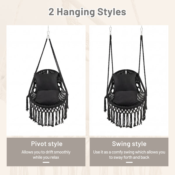 2 soft cushions offer comfortable sitting experience<br>High-grade polyester cotton woven seat withstands the test of time<br>Firmly supported by heavy-duty metal frame<br>Elegant appearance with graceful tassels<br>Suitable for both indoor and outdoor oc